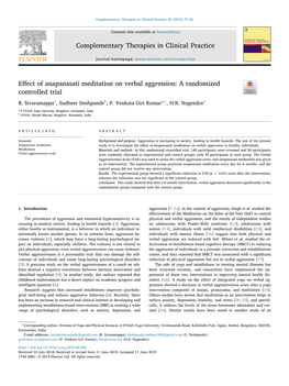 Effect of Anapanasati Meditation on Verbal Aggression a Randomized