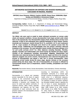 Arthropod Succession on Exposed and Shaded Mammalian Carcasses in Nsukka, Nigeria