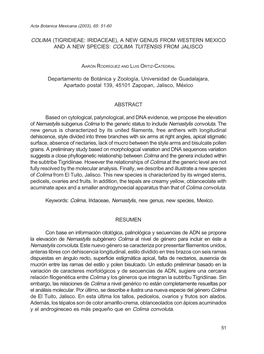 Tigridieae: Iridaceae), a New Genus from Western Mexico and a New Species: Colima Tuitensis from Jalisco