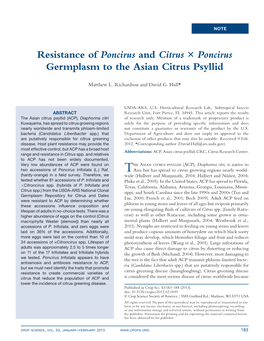 Resistance of Poncirus and Citrus × Poncirus Germplasm to the Asian Citrus Psyllid