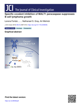 Specific Covalent Inhibition of MALT1 Paracaspase Suppresses B Cell Lymphoma Growth