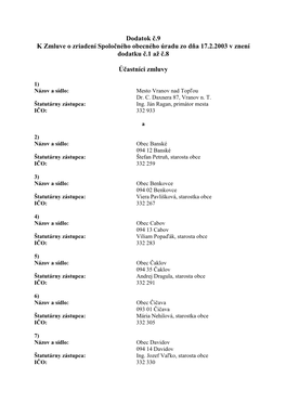 Dodatok Č.9 K Zmluve O Zriadení Spoločného Obecného Úradu Zo Dňa 17.2.2003 V Znení Dodatku Č.1 Až Č.8 Účastníci Zm