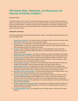 100 Useful Sites, Networks, and Resources for Parents of Autistic Children