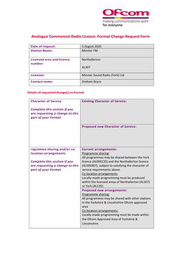 Format Change Request: Minster FM (Northallerton)