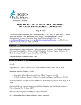 Official Minutes of the School Committee Ma School Choice Hearing and Meeting