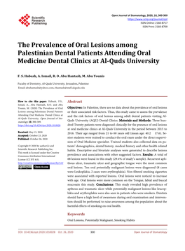 The Prevalence of Oral Lesions Among Palestinian Dental Patients Attending Oral Medicine Dental Clinics at Al-Quds University