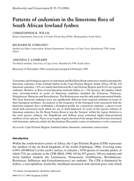 Patterns of Endemism in the Limestone Flora of South African Lowland Fynbos