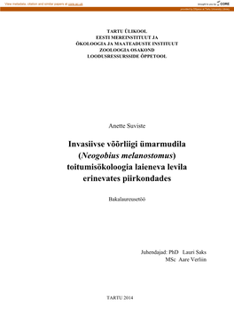 Invasiivse Võõrliigi Ümarmudila (Neogobius Melanostomus) Toitumisökoloogia Laieneva Levila Erinevates Piirkondades