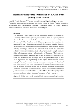 Preliminary Study on the Awareness of the Sdgs in Future Primary School Teachers