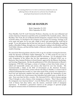 Oscar Handlin Was Spread Upon the Permanent Records of the Faculty