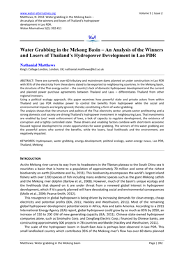 Water Grabbing in the Mekong Basin – an Analysis of the Winners and Losers of Thailand’S Hydropower Development in Lao PDR