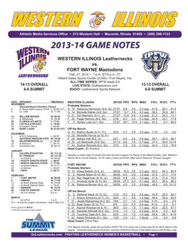 ILLINOIS Athletic Media Services Office • 213 Western Hall • Macomb, Illinois 61455 • (309) 298-1133 2013-14 GAME NOTES