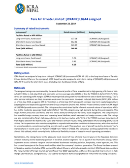 Tara Air Private Limited: [ICRANP] LB/A4 Assigned September 23, 2019