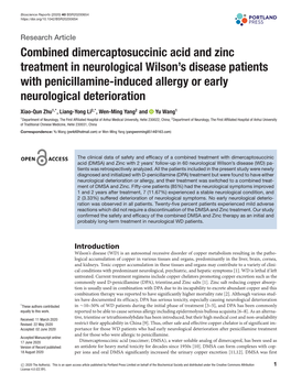 Combined Dimercaptosuccinic Acid and Zinc Treatment in Neurological Wilson’S Disease Patients with Penicillamine-Induced Allergy Or Early Neurological Deterioration