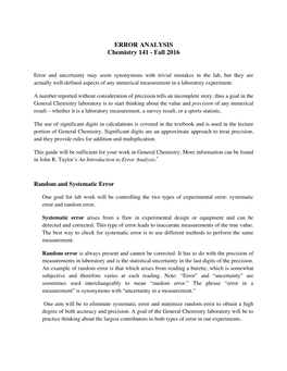 ERROR ANALYSIS Chemistry 141 - Fall 2016