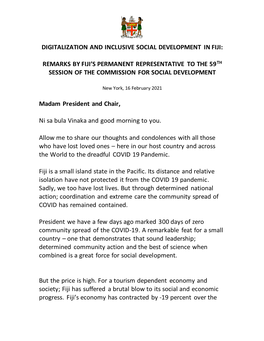 Digitalization and Inclusive Social Development in Fiji: Remarks by Fiji's Permanent Representative to the 59 Session of the C