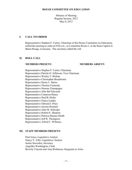 HOUSE COMMITTEE on EDUCATION Minutes of Meeting