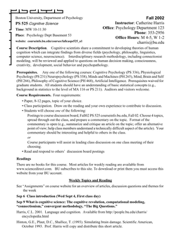Fall 2002 Instructor: Catherine Harris Office: Psychology Department 123