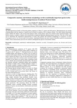 Comparative Anatomy and Trichome Morphology on Three Medicinally Important Species in the Family Menispermaceae of Southern Western Ghats