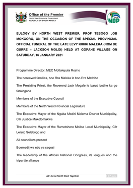 Eulogy by North West Premier, Prof Tebogo Job Mokgoro, on The