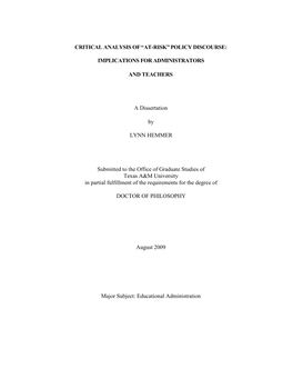 Critical Analysis of “At-Risk” Policy Discourse: Implications For