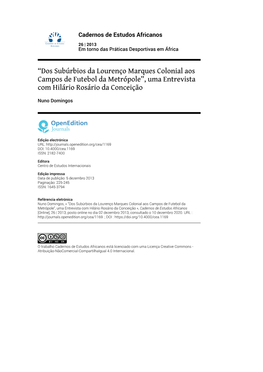 “Dos Subúrbios Da Lourenço Marques Colonial Aos Campos De Futebol Da Metrópole”, Uma Entrevista Com Hilário Rosário Da Conceição