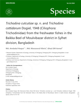 Trichodina Cutcutiae Sp. N. and Trichodina Cottidarum Dogiel, 1948 (Ciliophora: Trichodinidae) from the Freshwater Fishes In