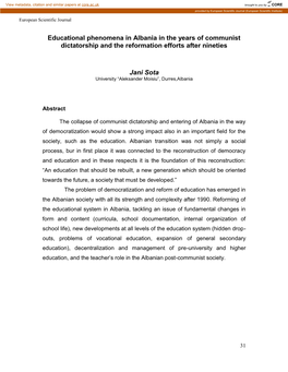 Educational Phenomena in Albania in the Years of Communist Dictatorship and the Reformation Efforts After Nineties
