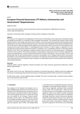 European Financial Governance: FTT Reform, Controversies and Governments’ Responsiveness