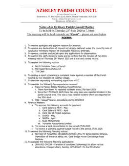 Azerley Parish Council Clerk: David Taylor Thornfield, 57, Whitcliffe Lane, Ripon, North Yorkshire, Hg4 2Lb Email: Azerleypc@Yahoo.Co.Uk Telephone: 01765 601693