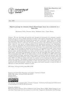 Digesta Passage in Common Eland (Taurotragus Oryx) on a Monocot Or a Dicot Diet