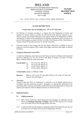 Ireland Aeronautical Information Services Irish Aviation Authority Flight Control Tower Restriction Shannon Airport Notice Co