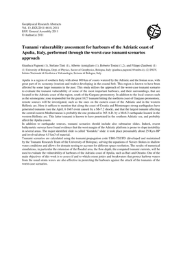 Tsunami Vulnerability Assessment for Harbours of the Adriatic Coast of Apulia, Italy, Performed Through the Worst-Case Tsunami Scenarios Approach