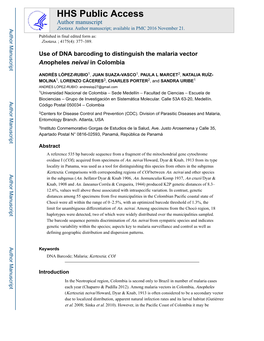 Use of DNA Barcoding to Distinguish the Malaria Vector Anopheles Neivai in Colombia