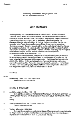 Reference to the Index of John Reynolds