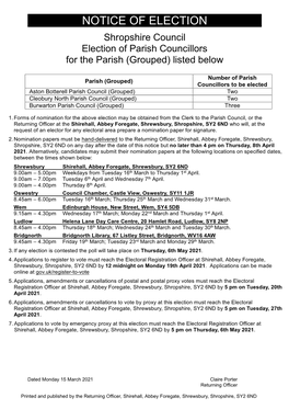 NOTICE of ELECTION Shropshire Council Election of Parish Councillors for the Parish (Grouped) Listed Below