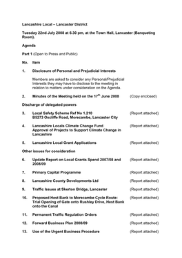 Lancashire Local – Lancaster District Tuesday 22Nd July 2008 at 6.30 Pm, at the Town Hall