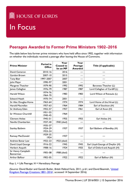 Peerages Awarded to Former Prime Ministers 1902-2016