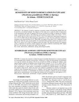 SENSITIVITY of SEED to DESICCATION in CUPUASSU (Theobroma Grandiflorum (Willd