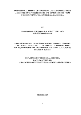 Antimicrobial Effects of Gomphrena and Vernonia Extracts Against Staphylococcus Species and Candida Species from Women with Vulvovaginitis in Zaria, Nigeria