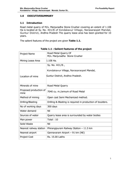 1.0 EXECUTIVESUMMARY 1.1 Introduction Road Metal Quarry of M