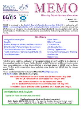 MEMO Is Produced by the Scottish Council of Jewish Communities (Scojec) in Partnership with BEMIS – Empowering Scotland's Ethnic and Cultural Minority Communities