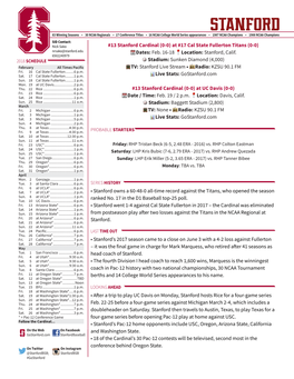 13 Stanford Cardinal (0-0) at #17 Cal State Fullerton Titans (0-0) Dates: Feb. 16-18 Location: Stanford, Calif. Stadium: Sunken