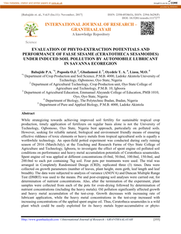 Ceratotheca Sesamoides) Under Induced Soil Pollution by Automobile Lubricant in Savanna Ecoregion