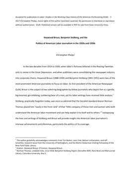 Heywood Broun, Benjamin Stolberg, and the Politics of American Labor Journalism in the 1920S and 1930S Christopher Phelps in Th