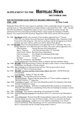 SOUTH WESTERN ELECTRICITY BOARD CHRONOLOGY 1948 – 1990 by Peter Lamb