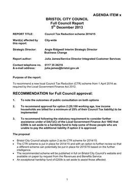 AGENDA ITEM X BRISTOL CITY COUNCIL Full Council Report 5Th December 2013