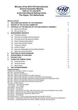 Minutes of the 2010 470 Internationale General Assembly Meeting Held on 10 July 2010 at the International Sailing Centre the Hague, the Netherlands
