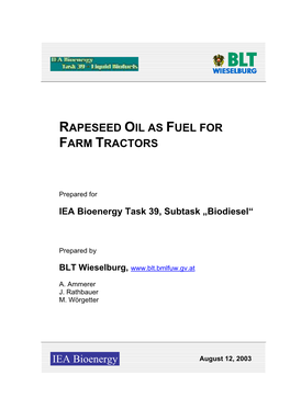 Rapeseed Oil As Fuel for Farm Tractors