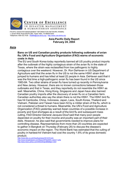 Asia-Pacific Daily Report February 24, 2004 Bans on US and Canadian Poultry Products Following Outbreaks of Avian